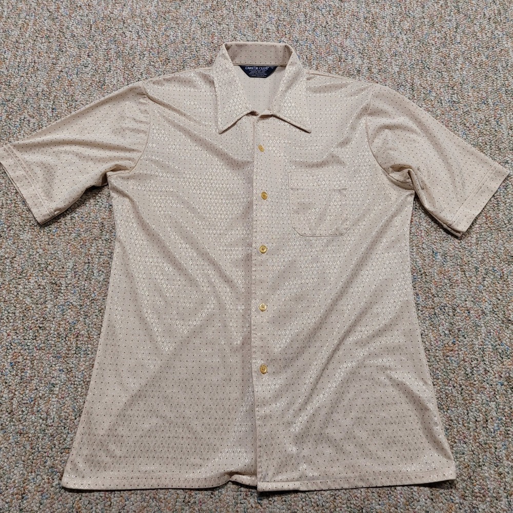 Career Club Shirt Mens Large Beige Vintage 70s Disco Polyester Dagger Collar